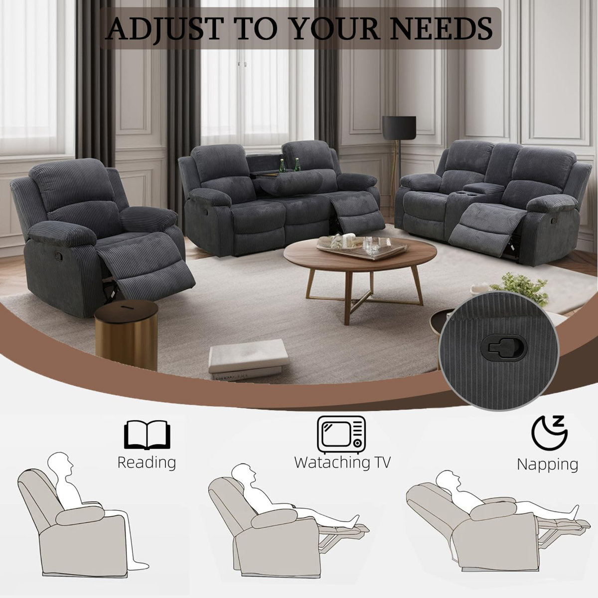 Latitude Run® 3-Piece Manual Reclining Living Room Sofa Set & Reviews ...